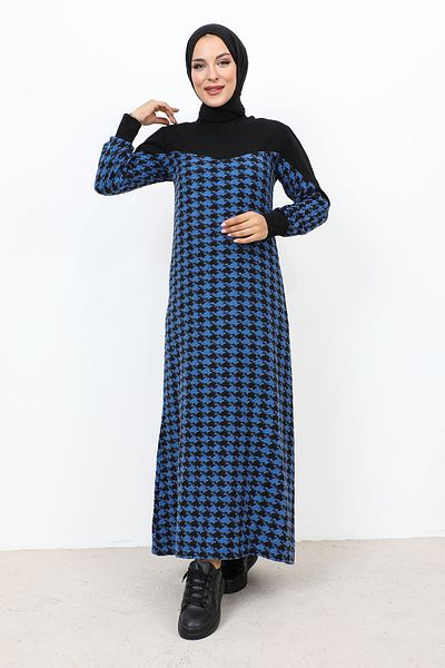 Tesettür Dünyası Φόρεμα με σχέδιο Houndstooth TSD231102 Μπλε