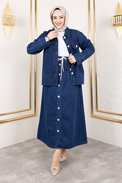 Tesettür Dünyası Τζιν κοστούμι με τσέπες με πτυσσόμενη φούστα TSD250134 Σκούρο Μπλε
