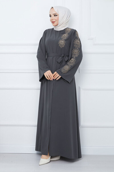 Tesettür Dünyası Rukojeť Bead Embroidered Belted Hijab Ferace TSD240203 Antracit