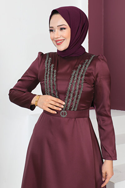 Tesettür Dünyası Večerní šaty na opasek TSD230636 Plum