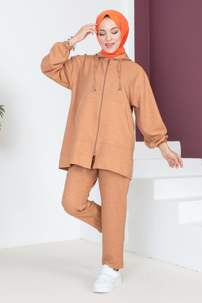 Tesettür Dünyası Dvojitý oblek s kapucí TSD230703 Tan
