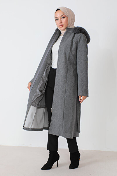 Tesettür Dünyası Hidden Zipper Belted Cashmere Coat TSD230813 Gray