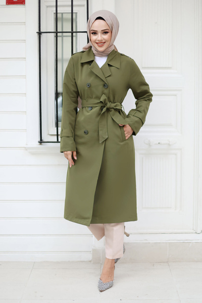 Tesettür Dünyası Düğmeli Kol Ucu Apolet Detaylı Trençkot TSD240901 Yeşil