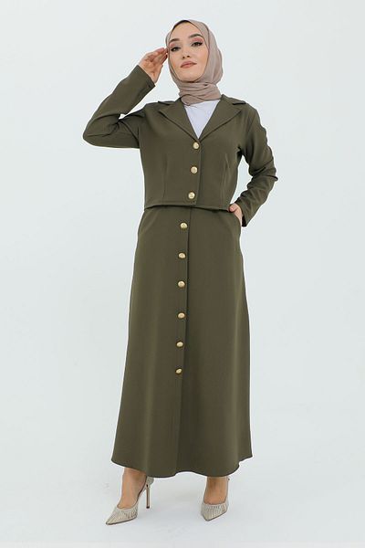 Tesettür Dünyası Skirt Button Detailed Jacketed Suit TSD231217 Khaki