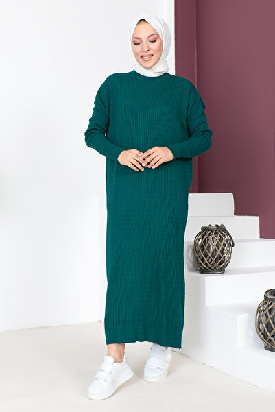 Tesettür Dünyası Μακρύ φόρεμα πλεκτό με σχέδιο αλυσίδας TSD230714 Σμαραγδένιο πράσινο