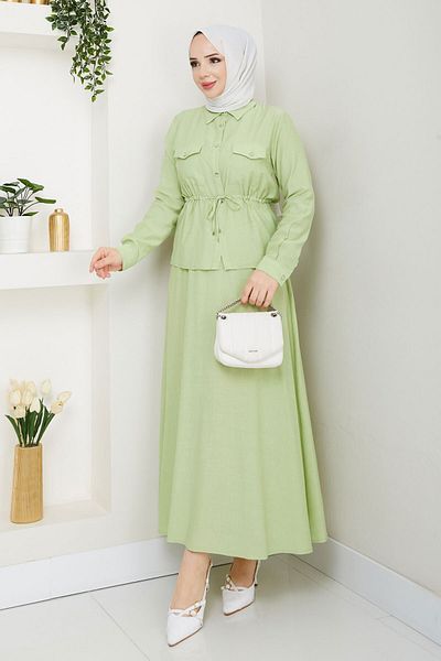Tesettür Dünyası Elastic Waist Skirt Suit Tsd250164 Pistachio Green