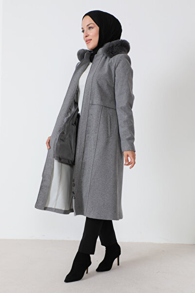 Tesettür Dünyası Patch Detailed Stamp Coat TSD230812 Gray
