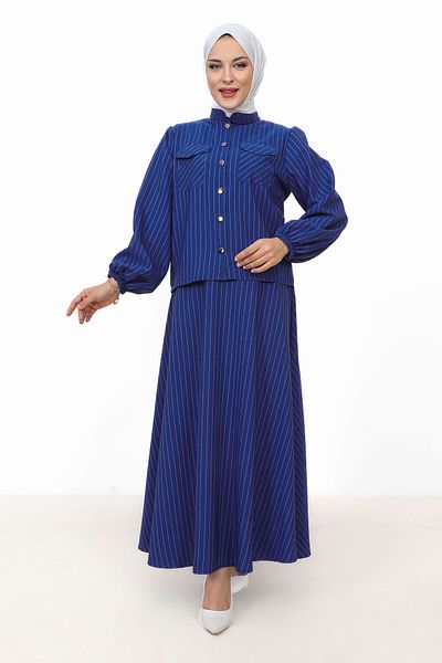 Tesettür Dünyası Hira Striped Skirt Suit TSD231203 Saks Blue