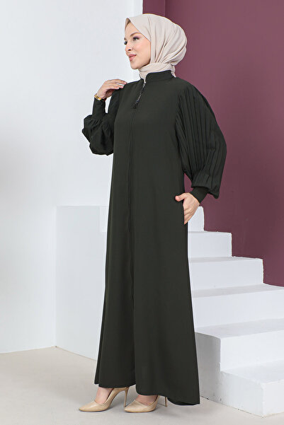 Tesettür Dünyası Detailní záhyb rukávů Abaya TSD230533 Khaki