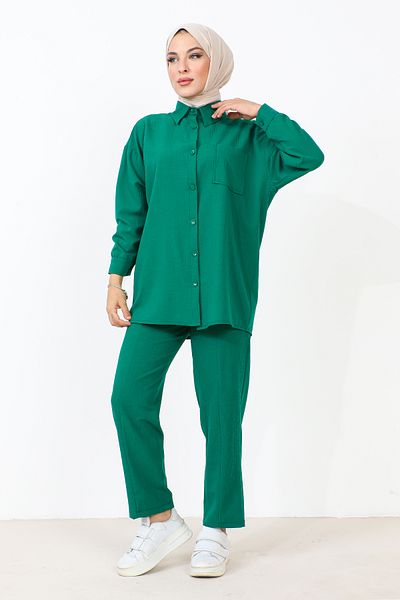 Tesettür Dünyası Διπλό κοστούμι με λεπτομερή τσέπη TSD231009 Emerald Green