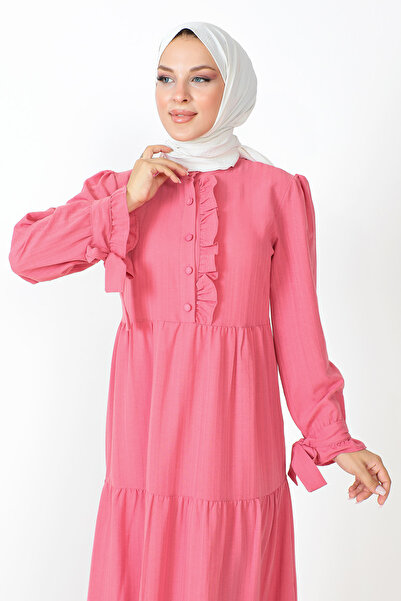 Tesettür Dünyası Dlouhé hidžábové šaty s rukávovým páskem TSD221207 růžové