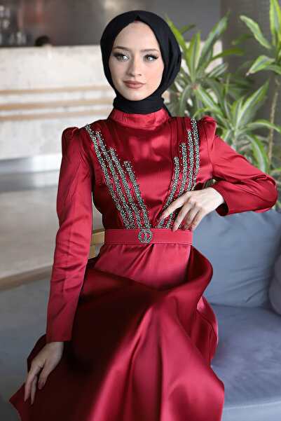 Tesettür Dünyası Večerní šaty s detailním páskem Tsd220543 Claret Red