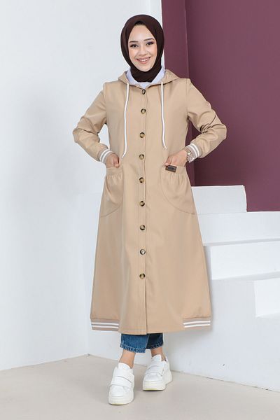 Tesettür Dünyası Ribbed Trench Coat TSD230638 Camel