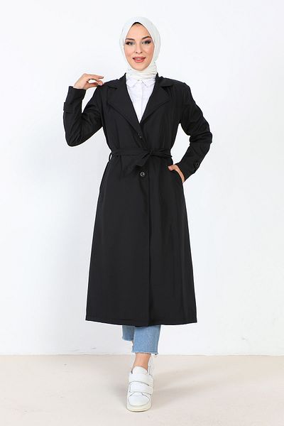 Tesettür Dünyası Lined Trench Coat TSD231003 Black