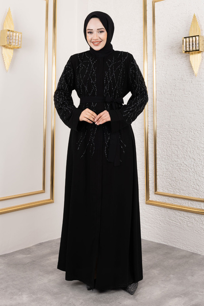 Tesettür Dünyası Black Stone Detailed Hidden Zippered Abaya - Tsd 250112