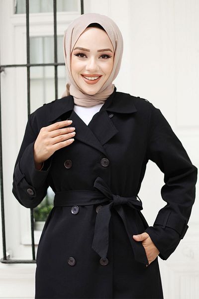 Tesettür Dünyası Black Trench Coat - Buttoned and Epaulet Detail, Tsd 240901