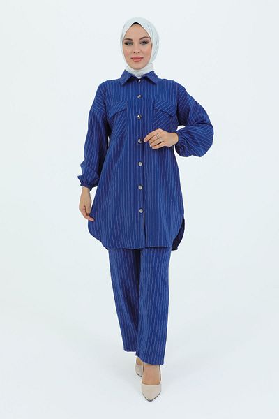 Tesettür Dünyası Drop Pocket Covered Buttoned Suit TSD231209 Saks Blue