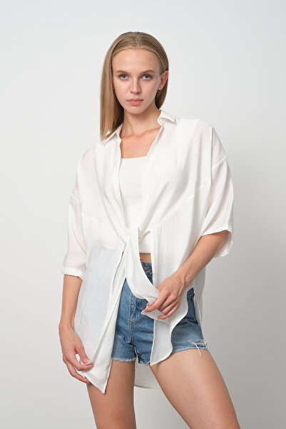 PERA MODA Cardigan lung de cămașă subțire de vară kimono - model cu cravată în față