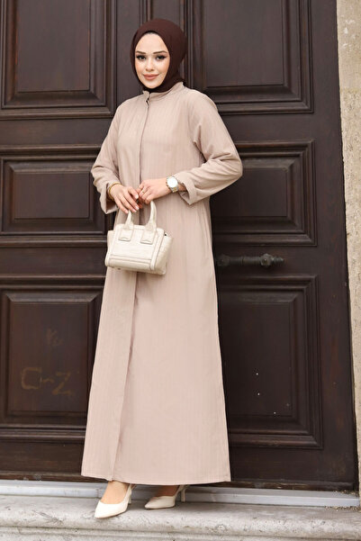 Tesettür Dünyası Κρυφό κουμπιά ριγέ Ferace TSD240222 Μπεζ