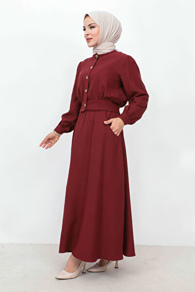 Tesettür Dünyası Sukňa na gombíky, vrecká, dvojitý oblek TSD231113 Claret Red