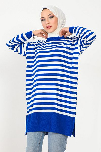 Tesettür Dünyası Striped Knitwear Tunic Tsd230716 Saks Blue