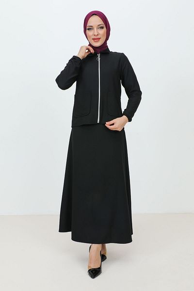 Tesettür Dünyası Zippered Pocket Skirt Crepe Suit TSD231205 Black