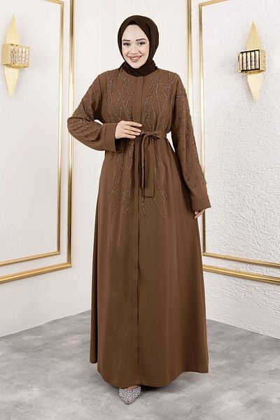 Tesettür Dünyası Καφέ Abaya με λεπτομέρεια από πέτρα και κρυφό φερμουάρ - TSD250112