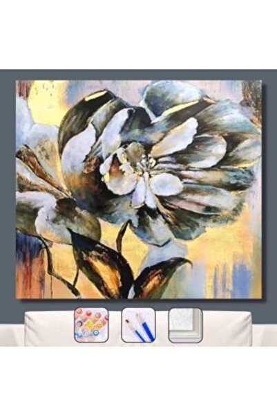 Pastelya Sayılarla Boyama Seti Çerçeveli Kasnaklı Beyaz Çiçek 60 x 75 cm