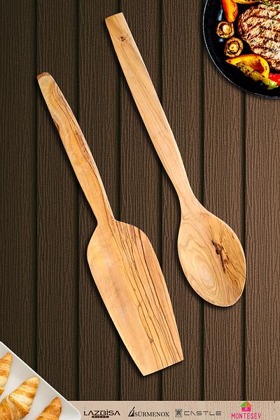 MONTESEV Olive Wood Wooden Wooden Spoon Spatula Set 2 Pieces (Olive Wood) Wooden Spoon