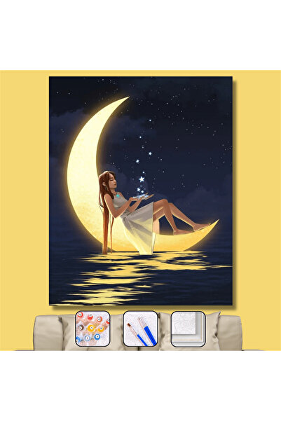 Pastelya Sayılarla Boyama Seti Çerçeveli Kasnaklı Yıldız Toplayan Kız 40x50