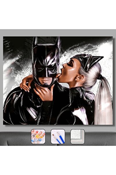 Pastelya Sayılarla Boyama Seti Çerçeveli Kasnaklı Batman Ve Kedi Kadın 40x50