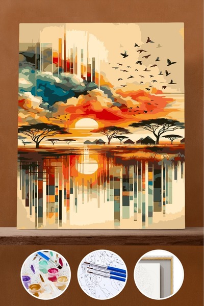 Pastelya Sayılarla Boyama Seti Çerçeveli Kasnaklı Gün Batımında Bir Göl 40x50 cm