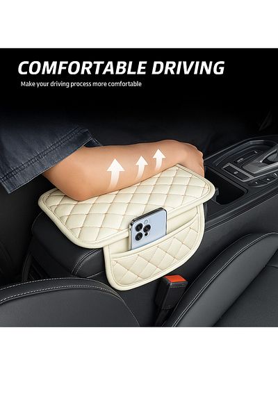 UYDEE Leather Auto Armrest Cover Capiton with Sponge Beige Yellow Embroidery Car Seat Cover