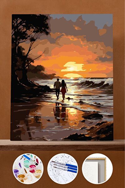 Pastelya Sayılarla Boyama Seti Çerçeveli Kasnaklı Sahilde Yürüyen Çift 40x50 cm