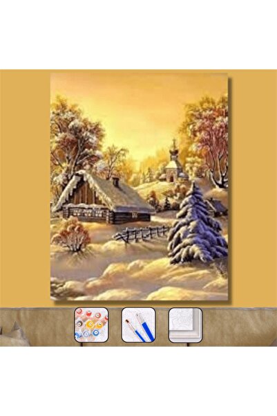 Pastelya Sayılarla Boyama Seti Çerçeveli Kasnaklı Bir Kış Manzarası 40 x 50 Cm
