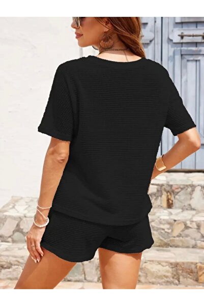 Asil Acar Home Women's short sleeve crew neck bottom and top waffle double set