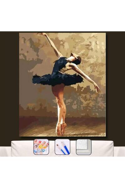 Pastelya Sayılarla Boyama Seti Çerçeveli Kasnaklı Siyah Elbiseli Balerin 40 x...