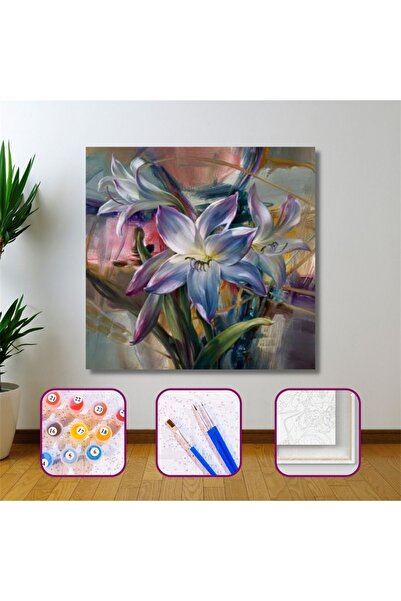 Pastelya Sayılarla Boyama Seti Çerçeveli Kasnaklı Mor Çiçekler 40 x 50 Cm