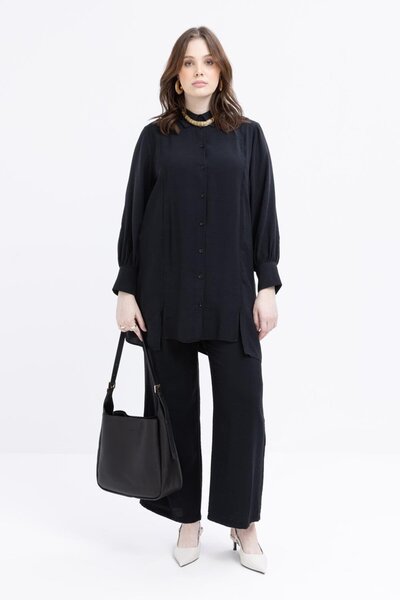 ALLDAY Black-Slit Detailed Large Size Modal Trousers Suit