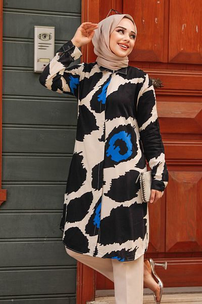Neva Style تونيك حجاب أسود منقوش 25025S