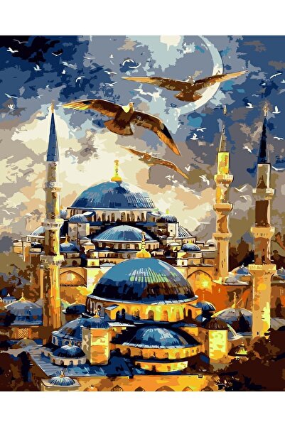 Pastelya Sayılarla Boyama Seti Çerçeveli Kasnaklı İstanbul Minareleri 40x50