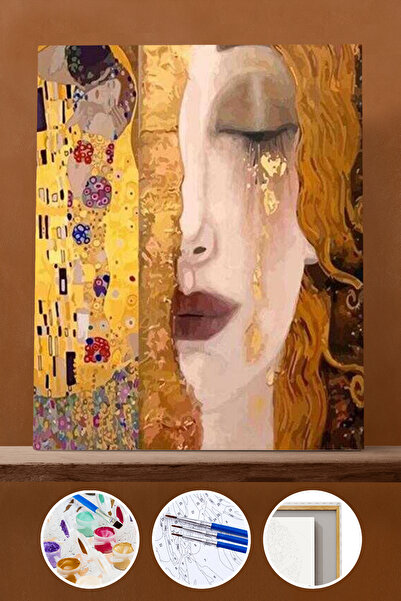 Pastelya Sayılarla Boyama Seti Çerçeveli Kasnaklı Gustav Klimt İki Eser 50x65