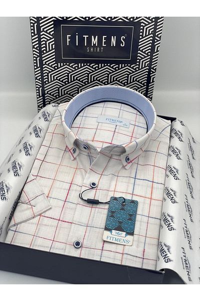 Fitmens Classic Short Sleeve Checkered Linen Cotton Collar Buttoned Men's Shirt with Gift Box Fs- 003573   - White Turkua