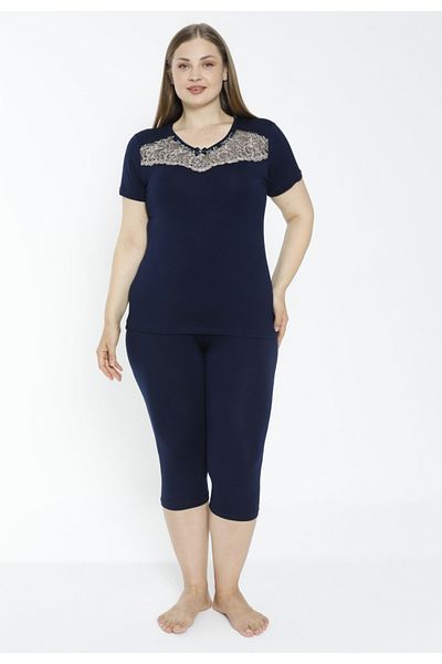 Cotpark Women's Large Size Viscose Combed Cotton Fabric Short Sleeve Capri Suit with Tights 14541-B