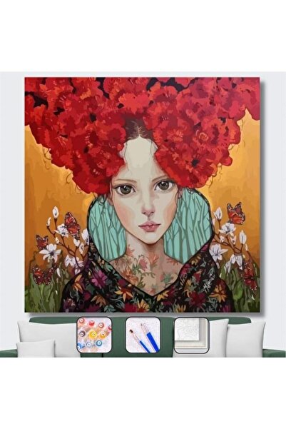 Pastelya Sayılarla Boyama Seti Çerçeveli Kasnaklı Kırmızı Kız 40 x 50 Cm