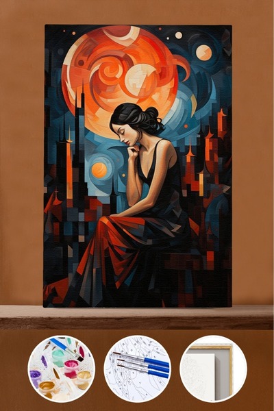 Pastelya Sayılarla Boyama Seti Çerçeveli Kasnaklı Bahar Kadın 50x65 cm