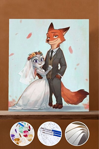 Pastelya Sayılarla Boyama Seti Çerçeveli Kasnaklı Tavşan Ve Tilki Evlilik 40x50 Cm