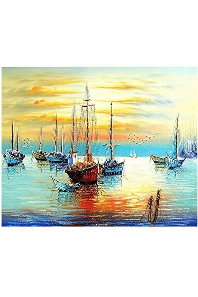 Pastelya Güzel Bir Günde Yelkenliler  Sayılarla Boyama Seti Çerçeveli Kasnaklı