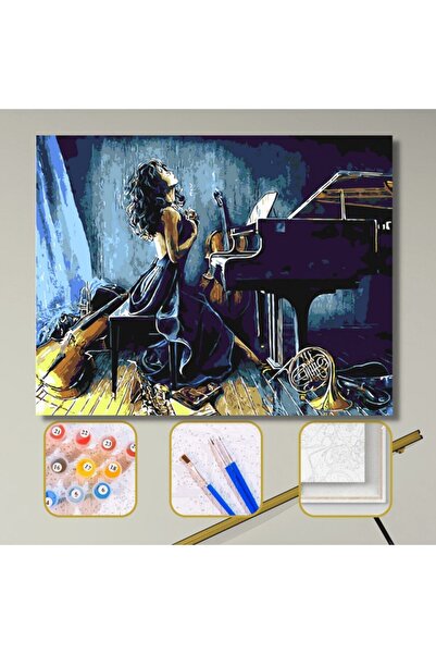 Pastelya Sayılarla Boyama Seti Çerçeveli Kasnaklı Piyanist Kadın 40 x 50 Cm