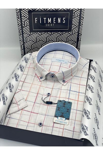 Fitmens Classic Short Sleeve Checkered Linen Cotton Collar Buttoned Men's Shirt with Gift Box Fs- 003573   - White Turkua